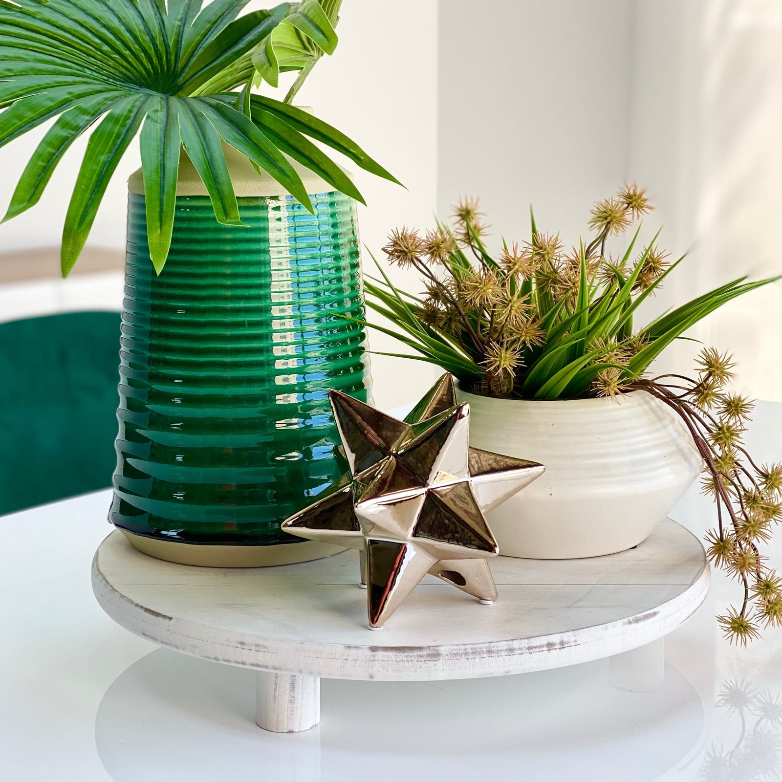 White Wash Round Wooden Tray With Legs