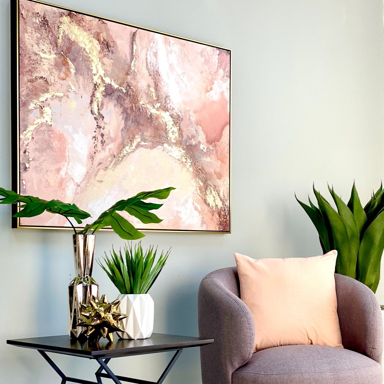 Abstract Blush Gold Framed Hand-Painted Wall Art