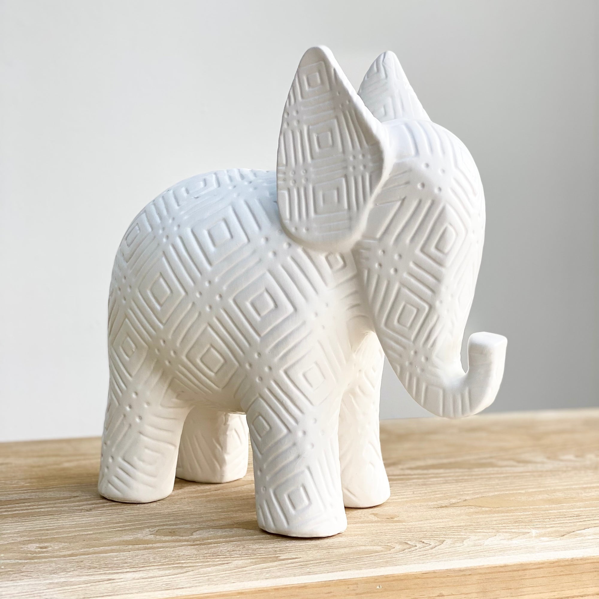 Ceramic Elephant Figurine Engraved Pattern 8.5"