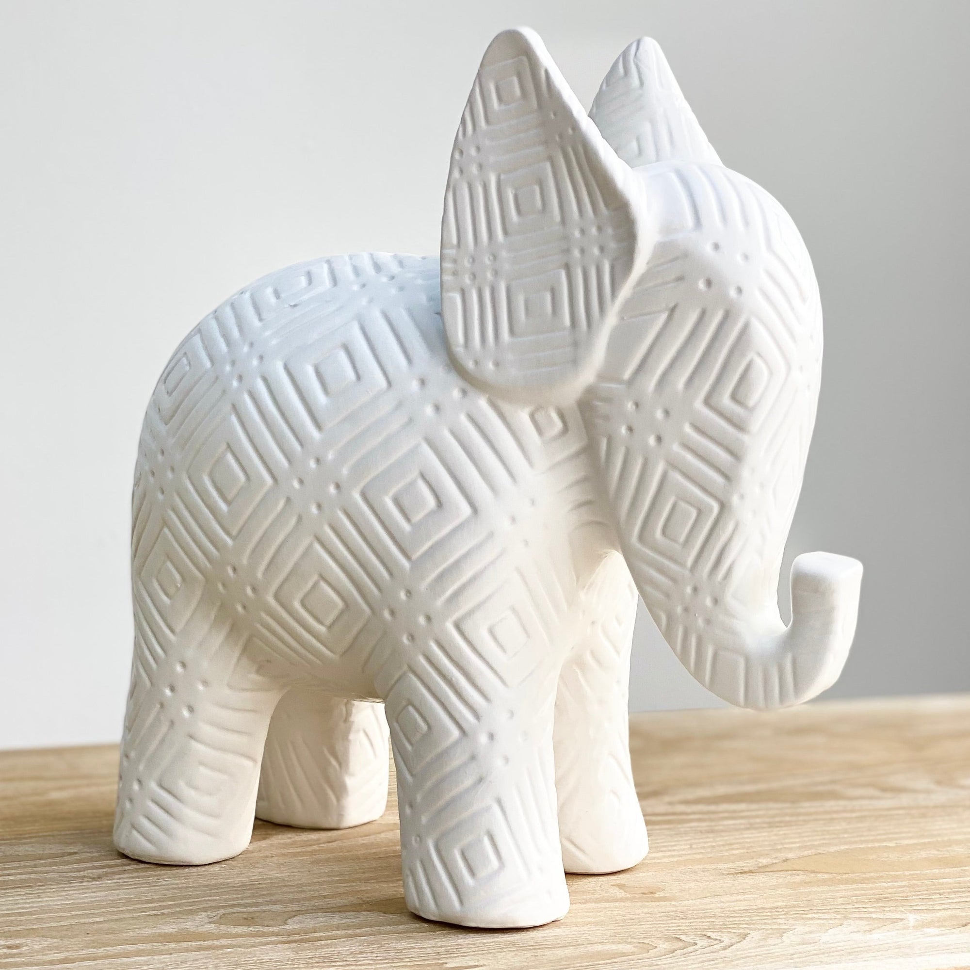 Ceramic Elephant Figurine Engraved Pattern 11"