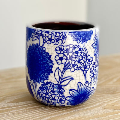 Ceramic Round Pot with Floral Crackled Blue Design