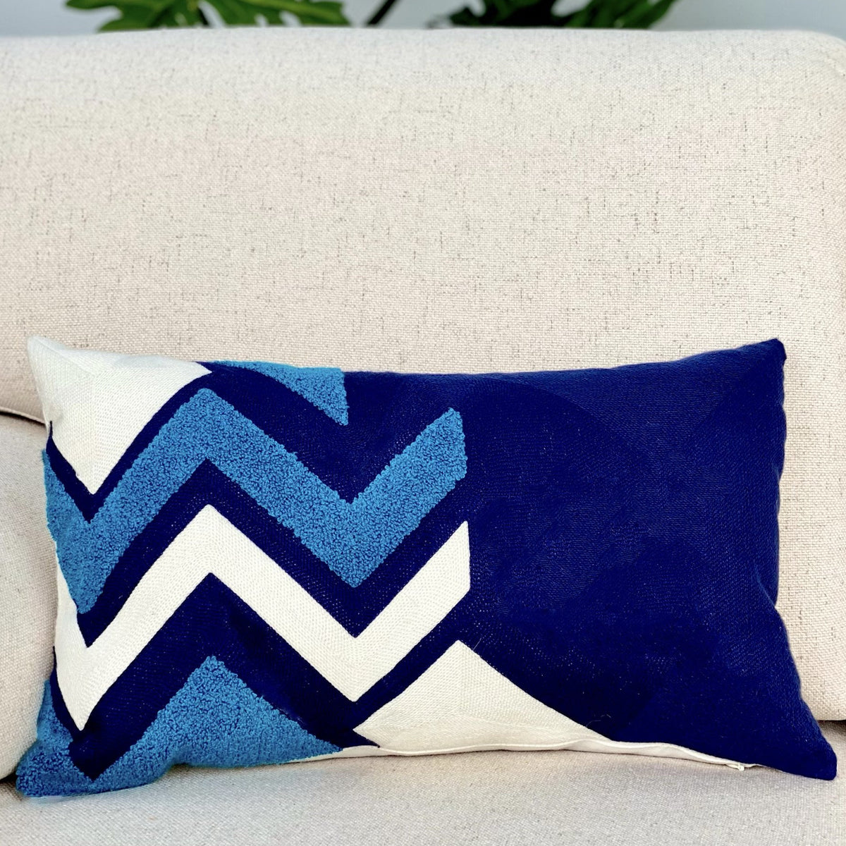 Zig Zag Sky Embroidered Rectangle Blue Pillow