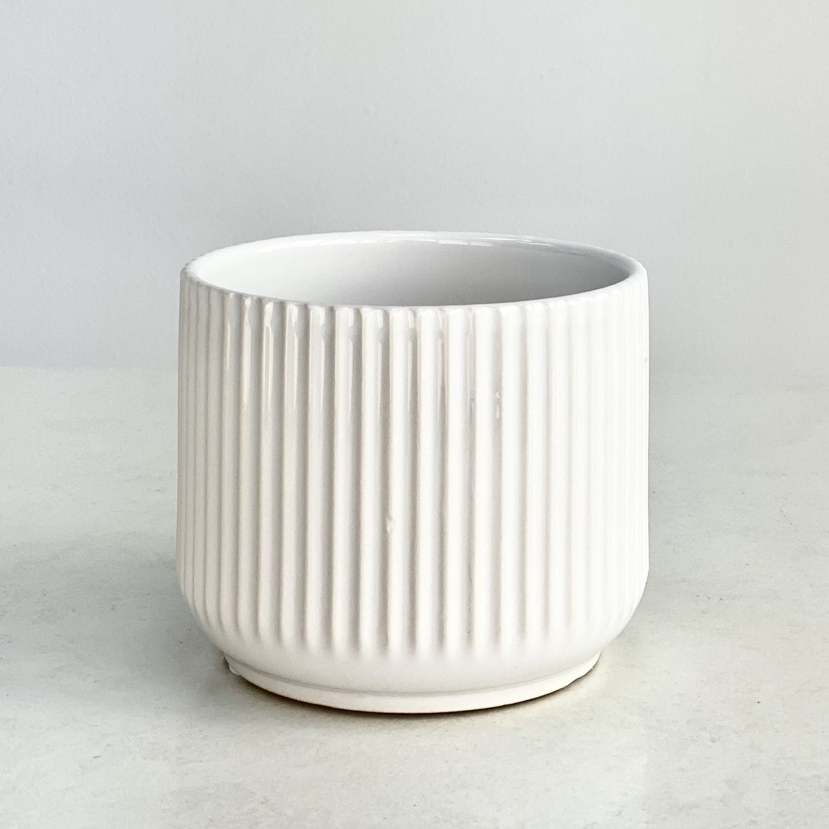 "Ribbed" Large White Ceramic Round Pot
