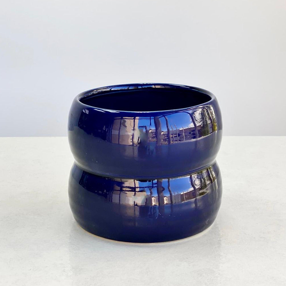 Ceramic Blue Ribbed Vase