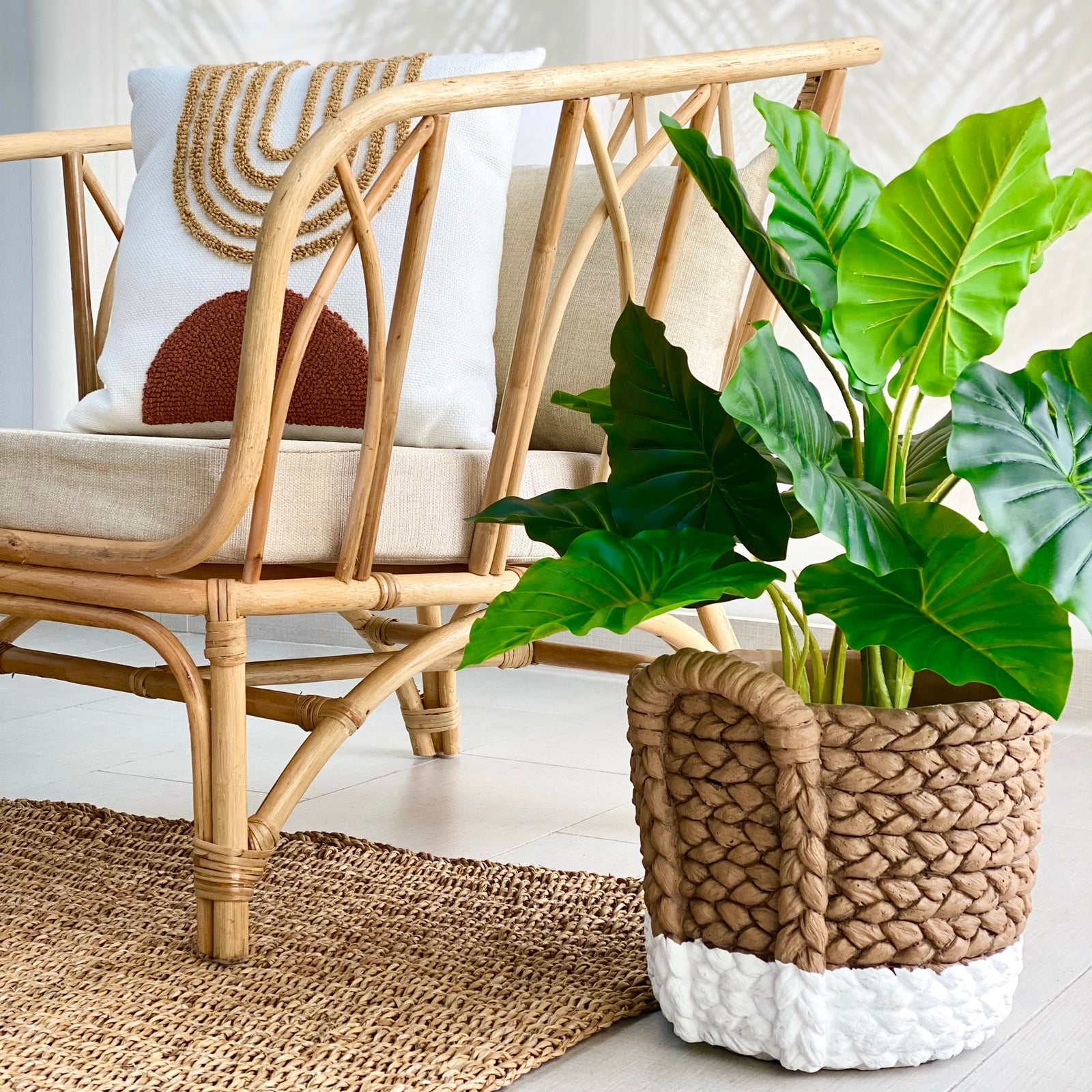 Cement Planter with Handles, White Line, and Rattan Design