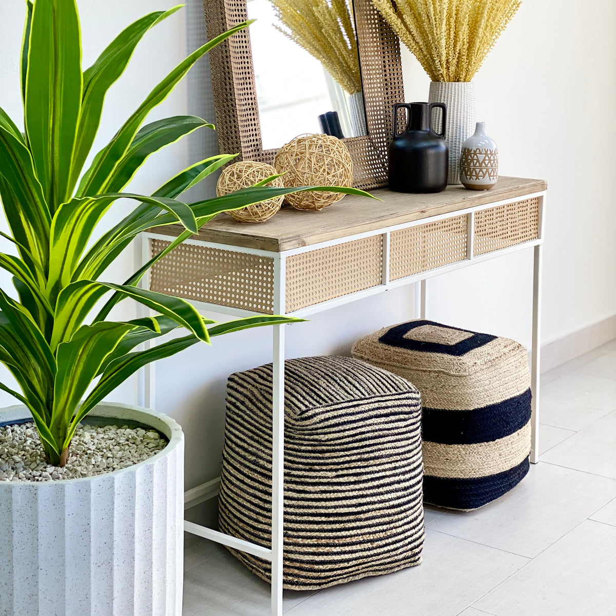 Nature Rattan Look Console White Table