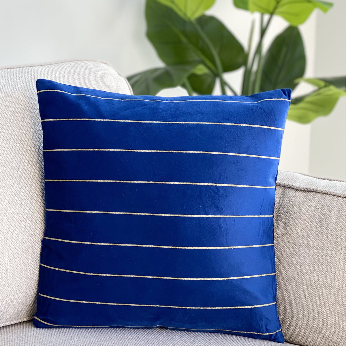 Classic Blue Silk Pillow Gold Stripes