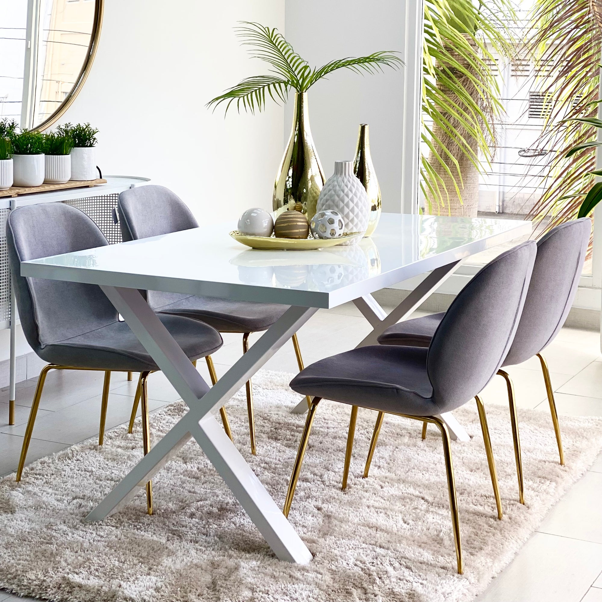 Criss Cross Dining Table White Top White Legs