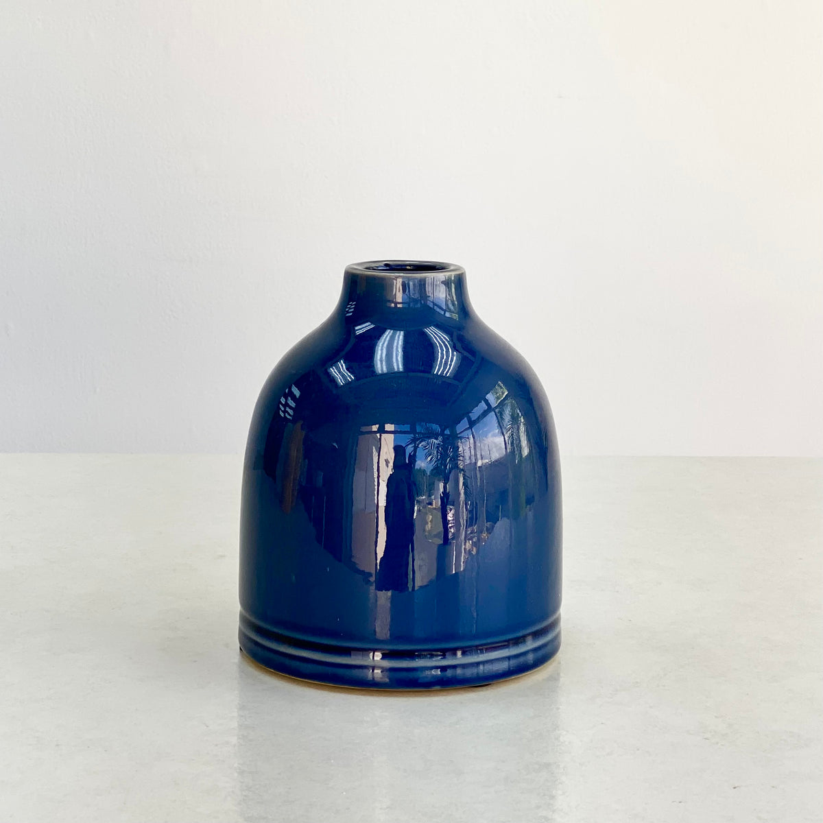 Small Ceramic Round Dark Blue Vase with Narrow Mouth