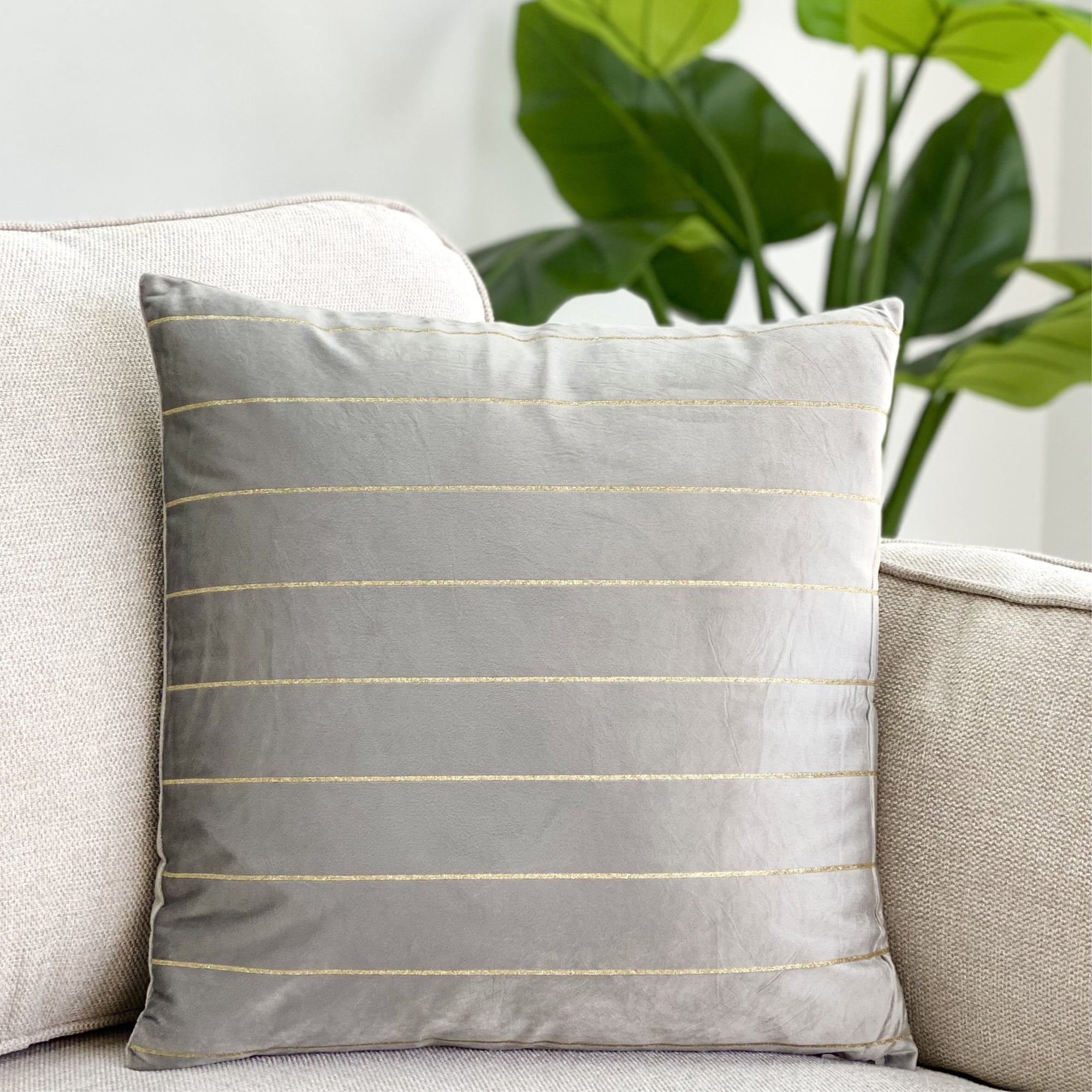 Gray Silk Pillow Gold Stripes